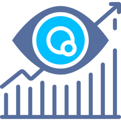 Icon of a magnifying glass over a rising bar chart