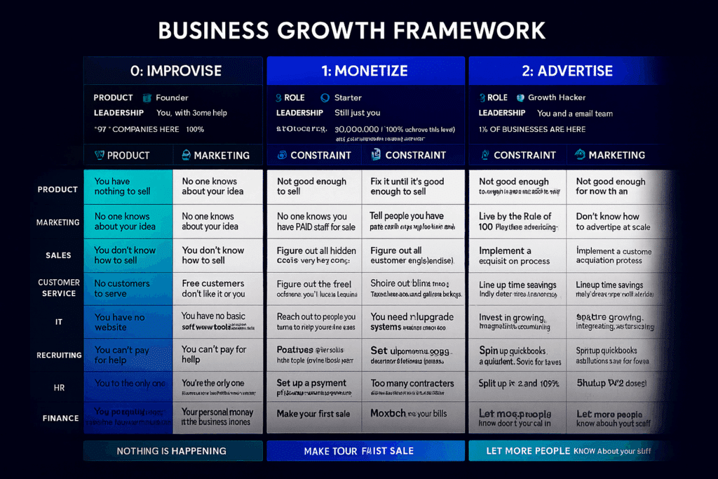 Business Growth Framework chart setting out the improvise, monetise and advertise stages
